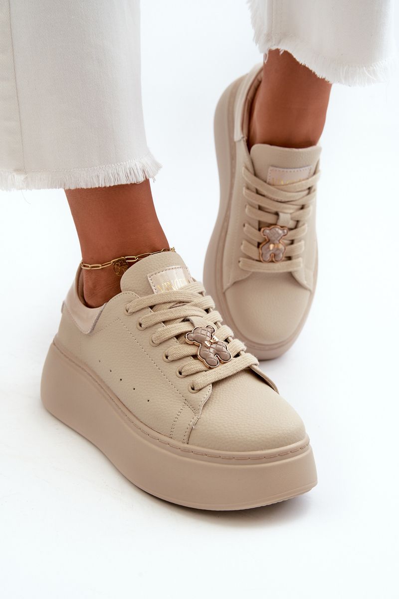 Women's leather platform sneakers with teddy bear beige Vinceza