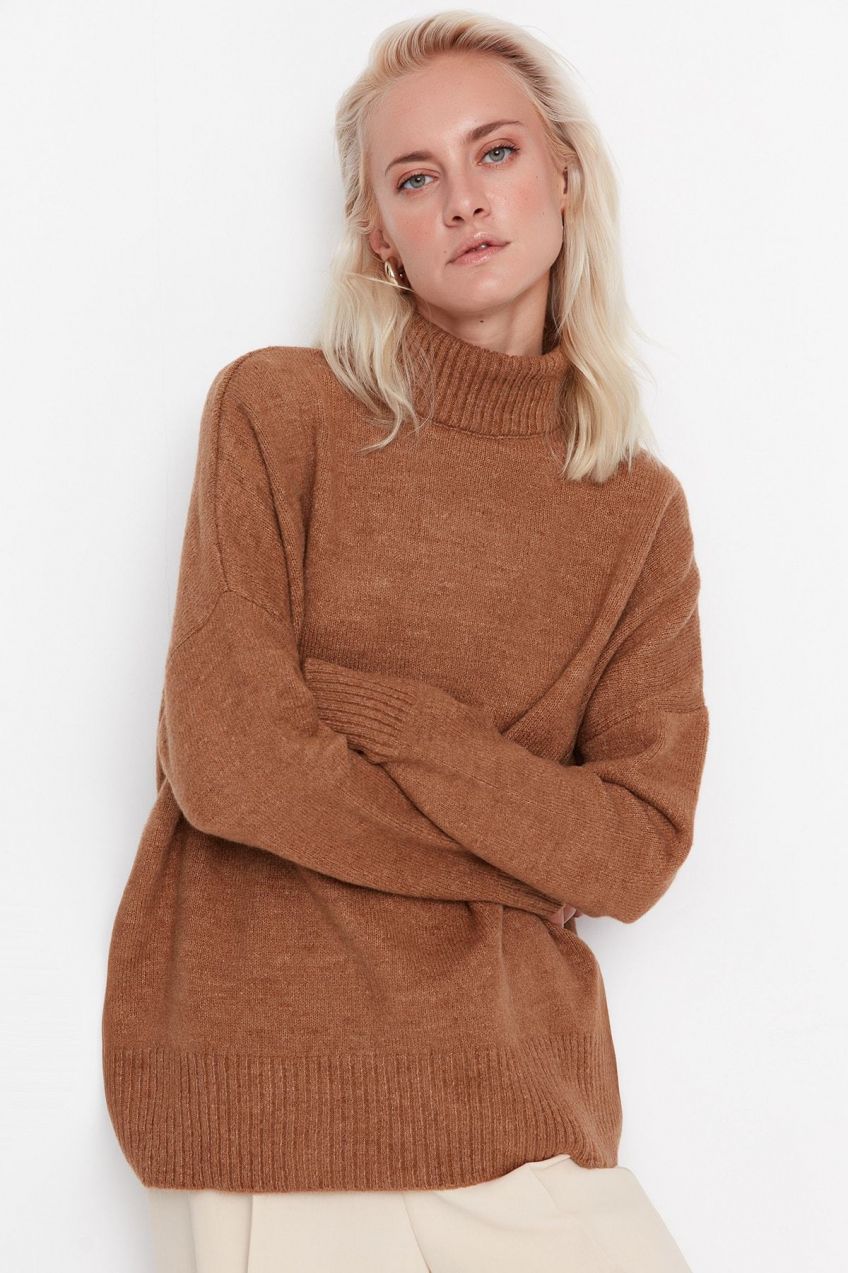 Trendyol Light Brown Wide Fit Soft Textured High Neck Knitwear Sweater