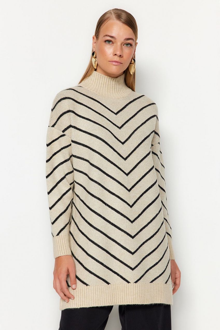 Trendyol Stone Striped High Collar Knitwear Sweater