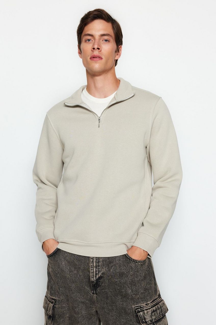 Trendyol Stone Regular/Normal Cut Stand Collar Zippered Sweatshirt