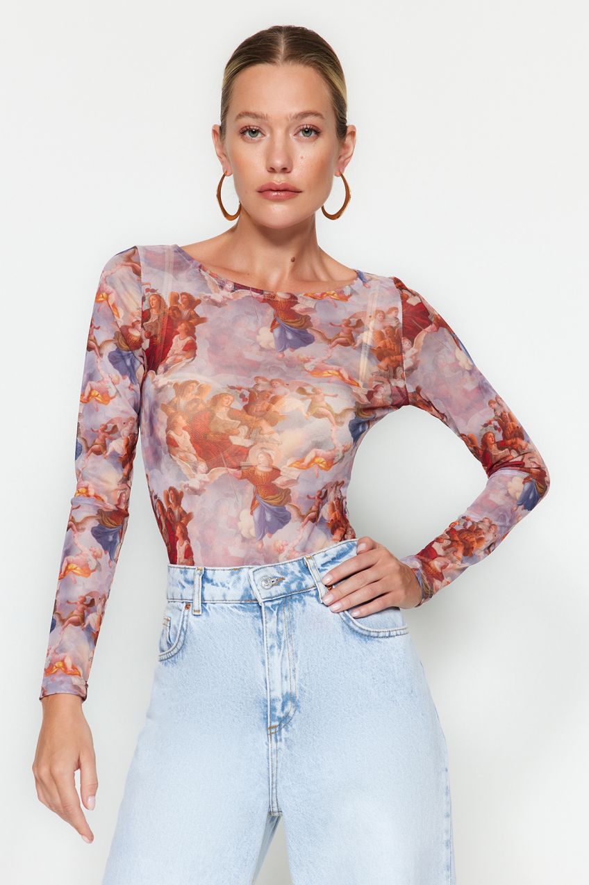 Trendyol Multicolored Angel Printed Tulle Knitted Bodysuit with Snap Fasteners