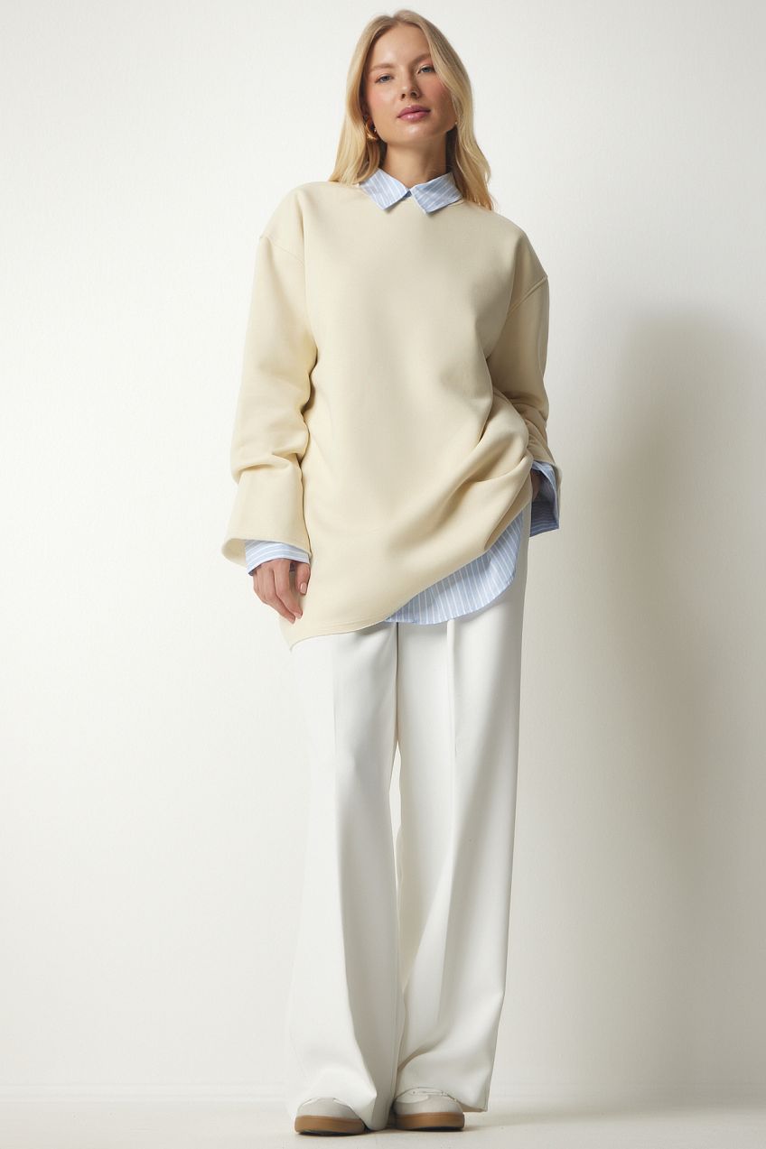 Happiness İstanbul Women's Latte Raised Oversized Knitted Sweatshirt