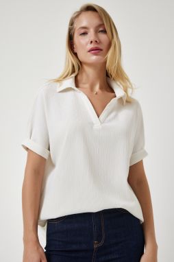 Happiness İstanbul Women Ecru Polo Neck Knitted Crinkle Blouse