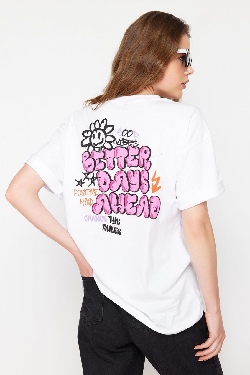 Trendyol White 100% Cotton Back and Front Printed Oversize/Wide Knitted T-Shirt