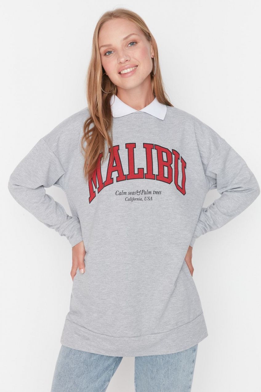 Trendyol Gray Polo Neck Embroidered Detailed Knitted Sweatshirt