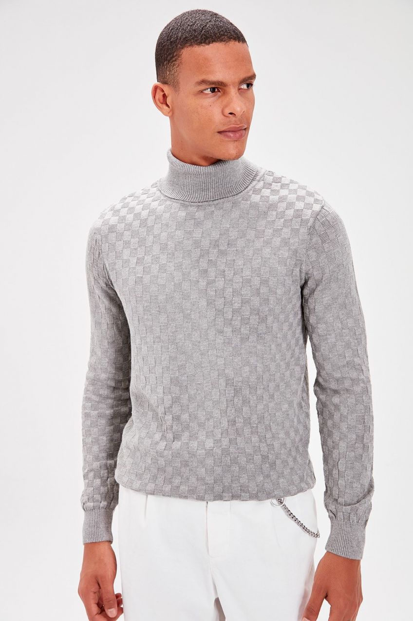 Trendyol Gray Men's Turtleneck Textured Knitwear Sweater