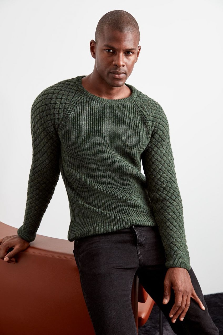 Trendyol Khaki Regular Crew Neck Textured Knitwear Sweater