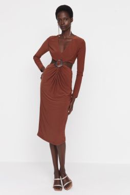 Trendyol Cinnamon Buckle Detailed Knitted Evening Dress