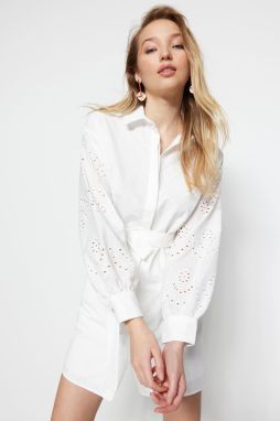 Trendyol Ecru Belted Mini Woven Brode Sleeve Detailed Woven Dress