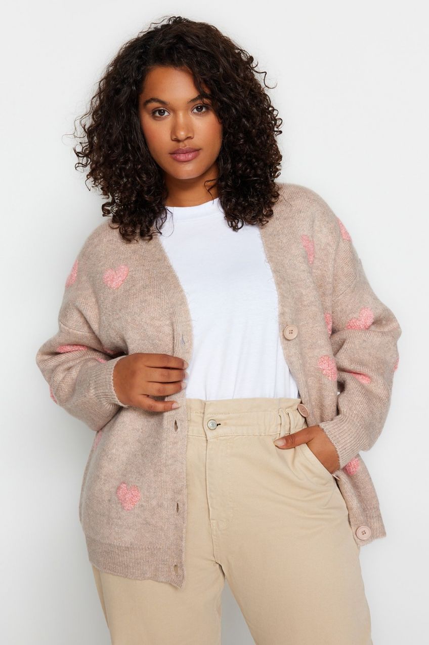 Trendyol Curve Ecru Heart Patterned Knitwear Cardigan