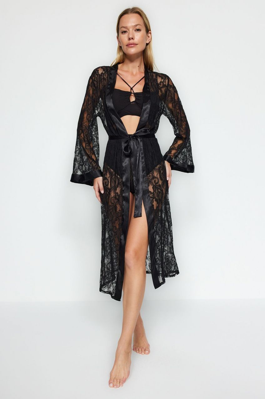 Trendyol Black Premium Satin Band detailný čipkovaný pletený župan