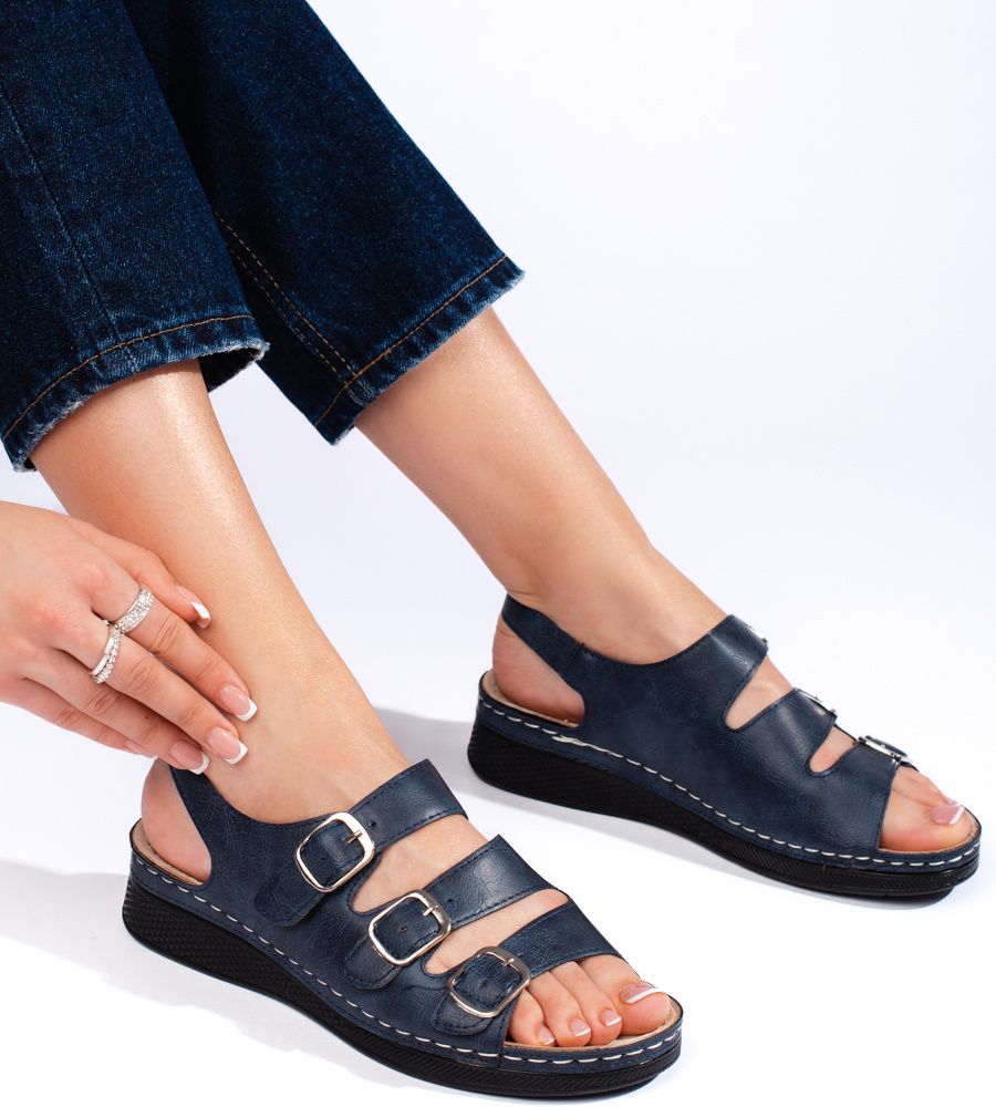 Shelvt Women's navy blue sandals with buckles