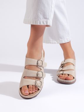 Shelvt Women's beige low wedge sandals