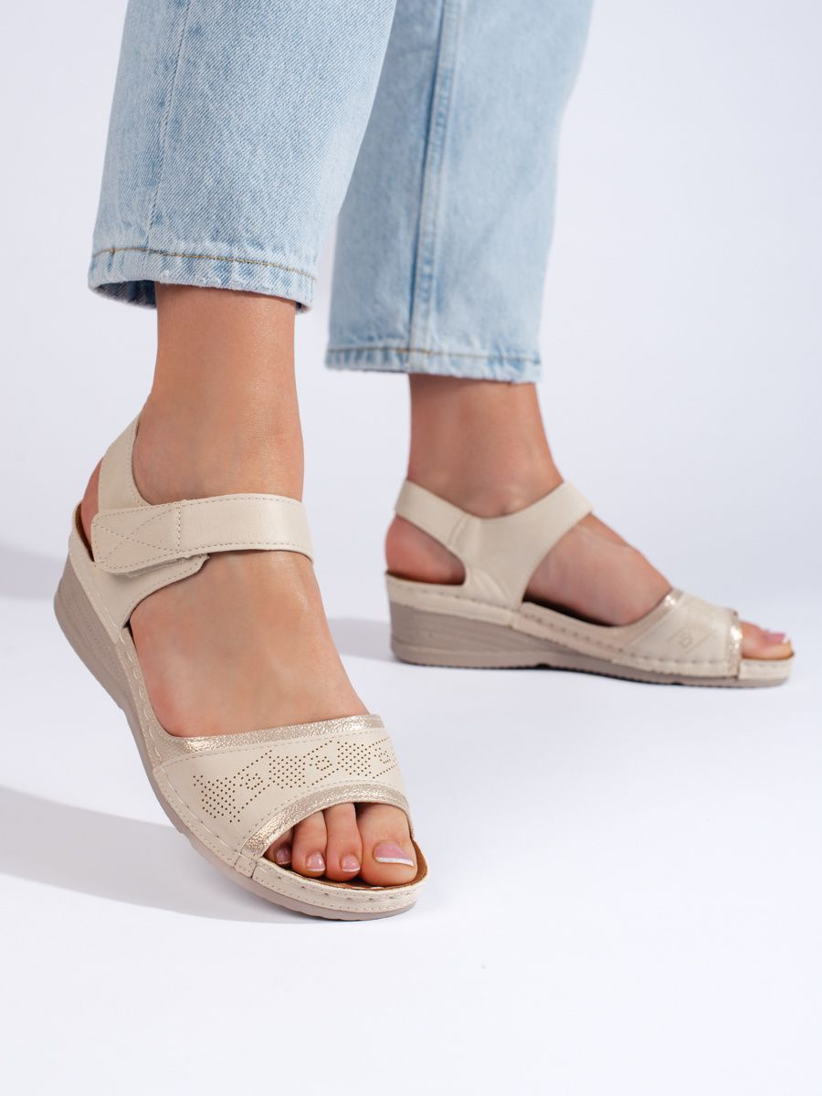 Shelvt Beige women's Velcro sandals