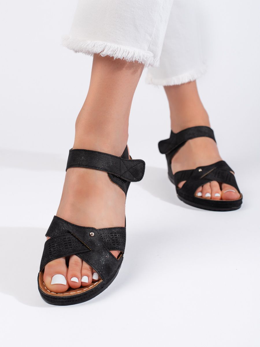 Shelvt Women's wedge sandals with velcro black