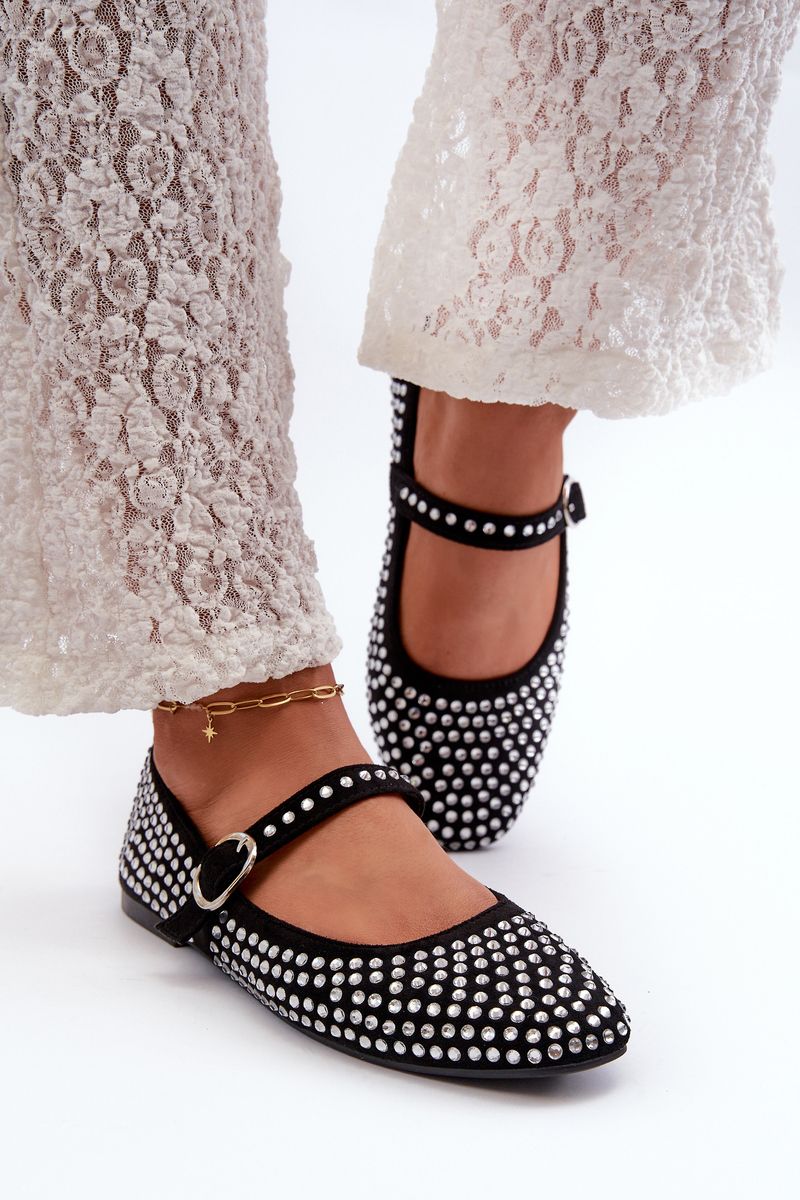 Eco-friendly suede ballerinas decorated with black Tinara rhinestones