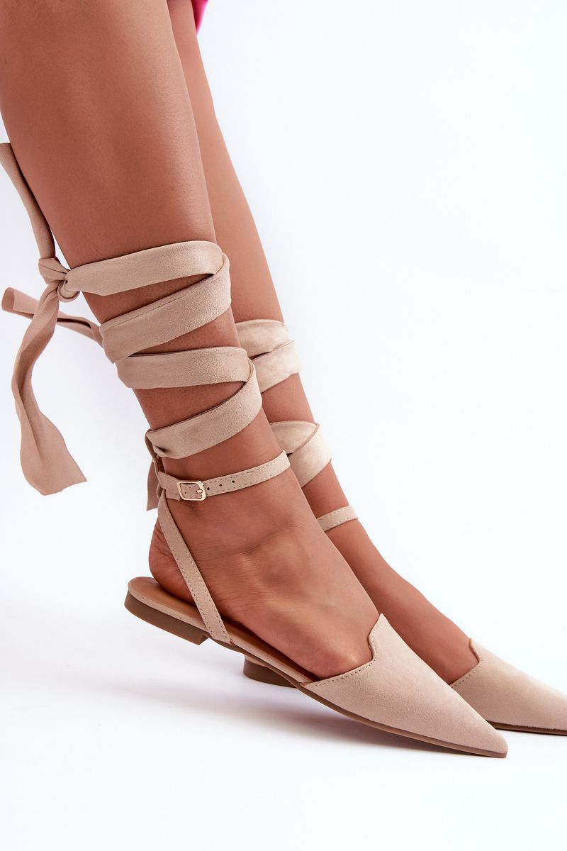 Beige lace-up eco suede ballerinas with pointed toes Ellesara