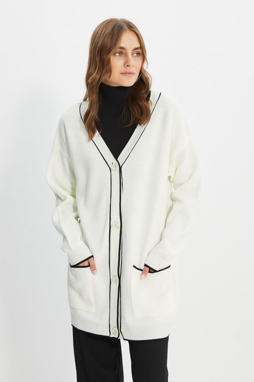 Trendyol Ecru Contrast Piping Detailed Knitwear Cardigan