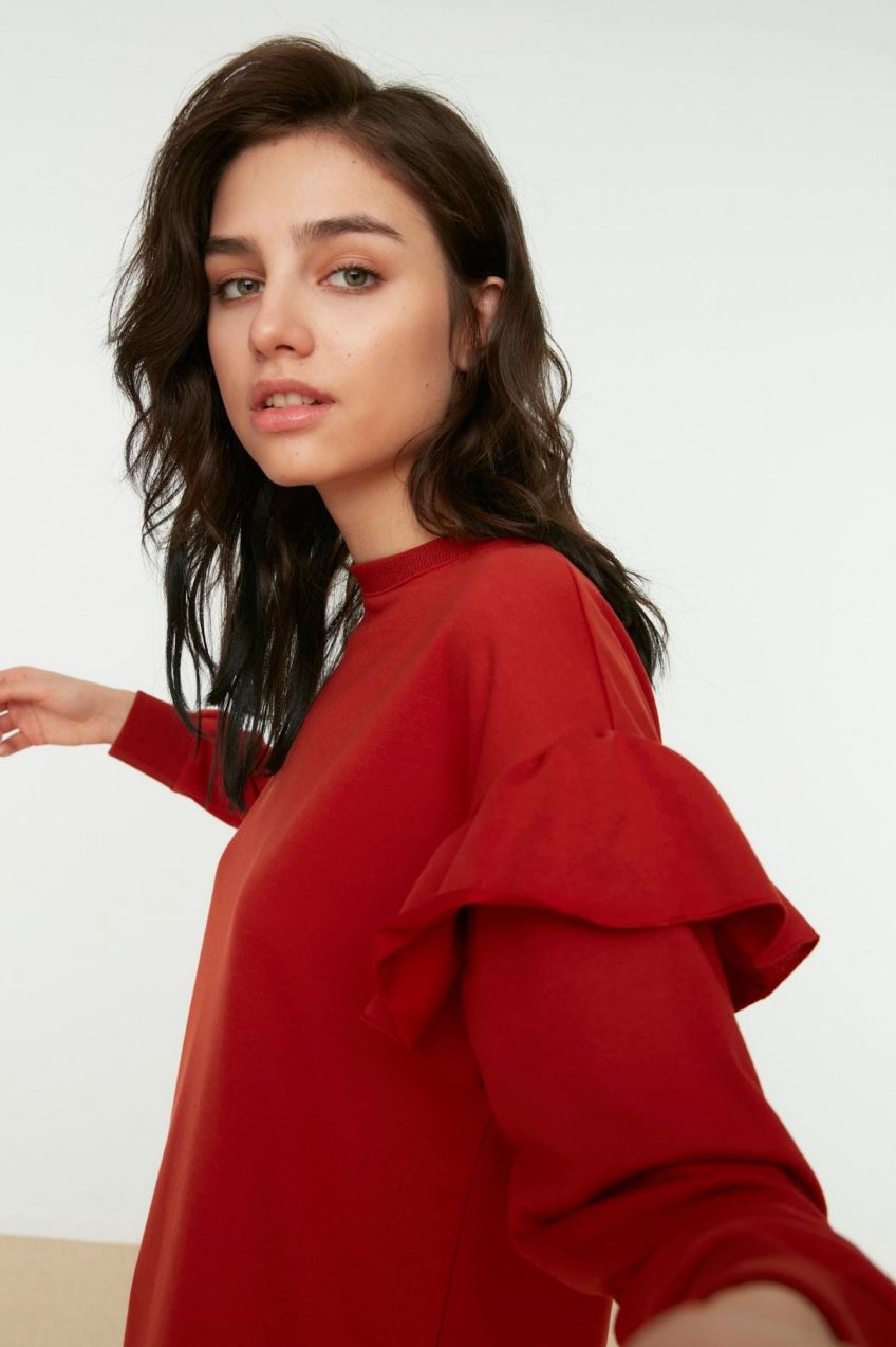 Trendyol Tile Crew Neck Sleeve Ruffle Knitted Sweatshirt