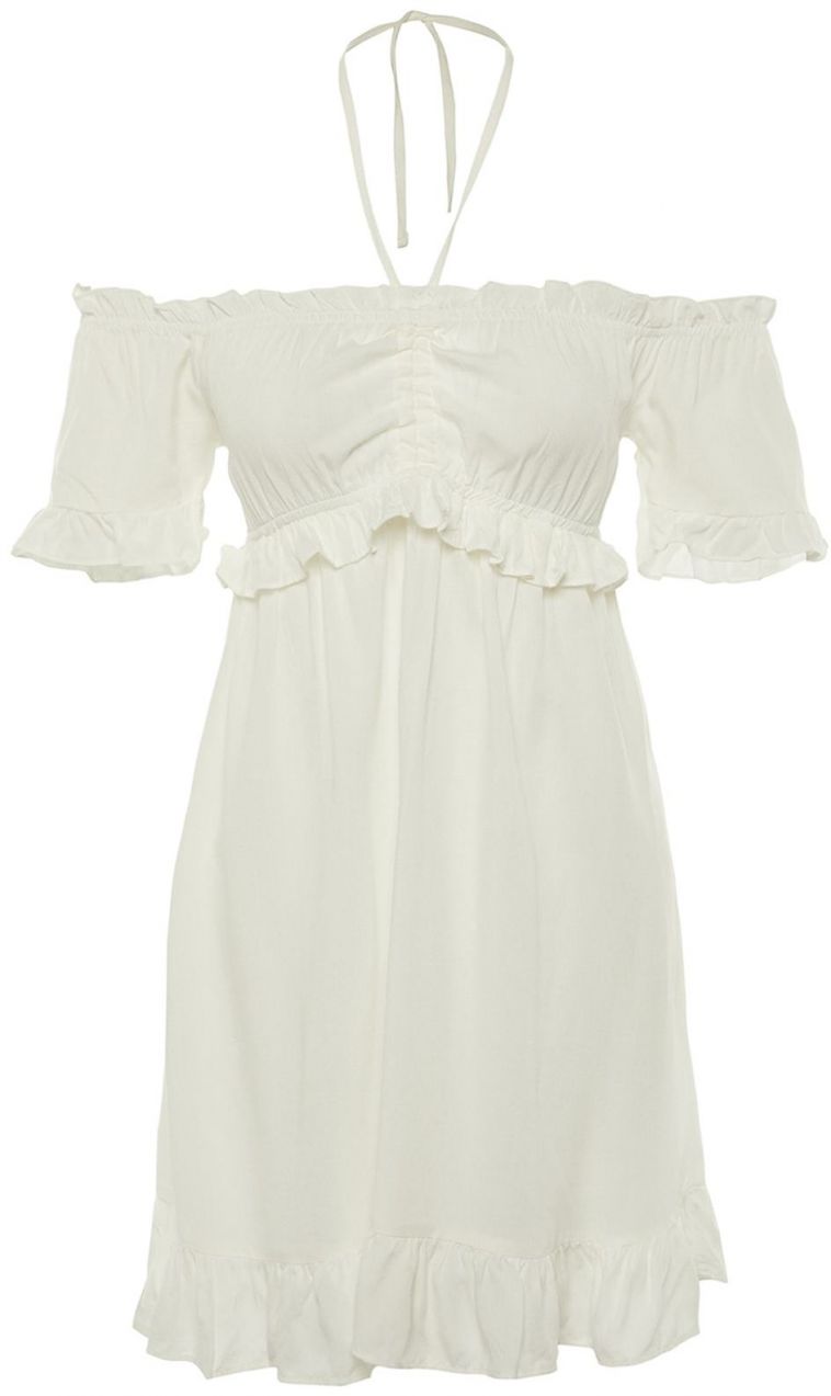 Trendyol Ecru Waist Opening Mini Woven Lined Frilly Woven Dress