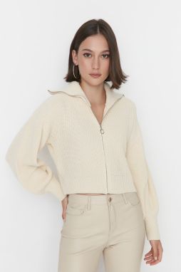 Trendyol Ecru Crop Zipper Detail Knitwear Cardigan