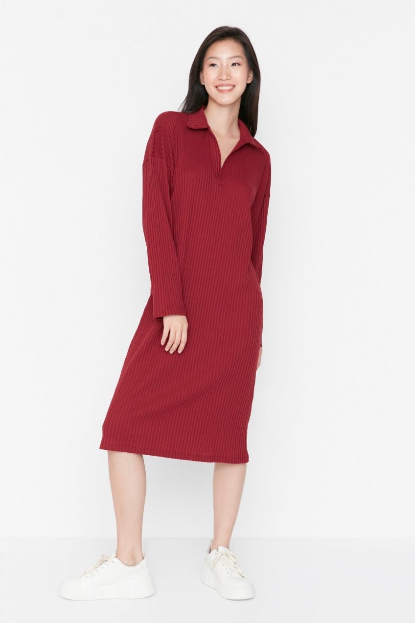 Trendyol Burgundy V-Neck Corduroy Knitted Dress