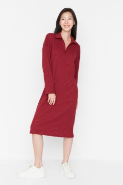 Trendyol Burgundy V-Neck Corduroy Knitted Dress