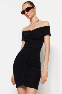 Trendyol Black Shirring Detail, Fitted Carmen Collar Mini Ribbed, Flexible Knit Dress