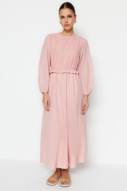 Trendyol Light Pink Brode and Ruffle Detail Cotton Woven Dress