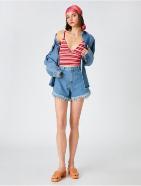 Koton Denim Shorts High Waist, Tassels Pocket Cotton.