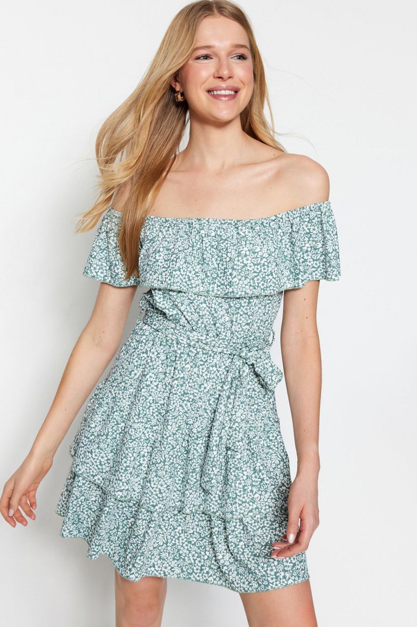 Trendyol Mint Floral Printed Carmen Collar Flounce and Ruffle Detailed Mini Knitted Dress