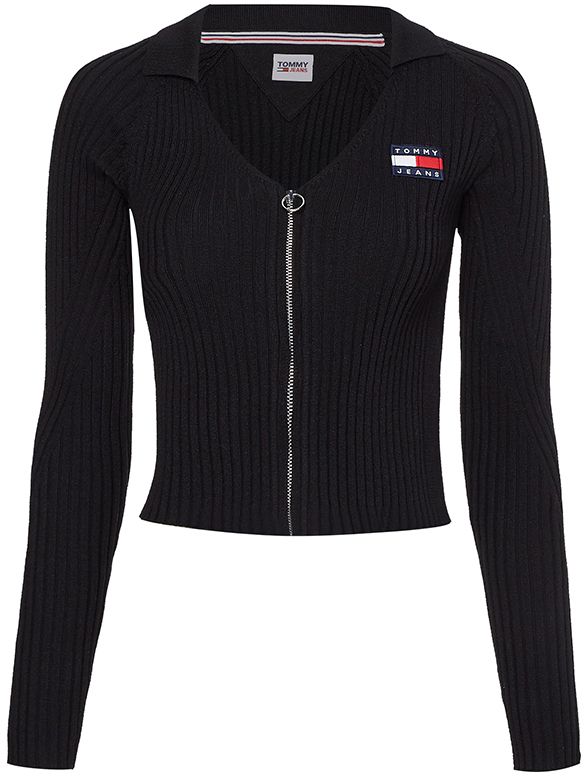 Tommy Jeans Kardigán - TJW BADGE V-NECK COLLAR ZIP THRU čierny