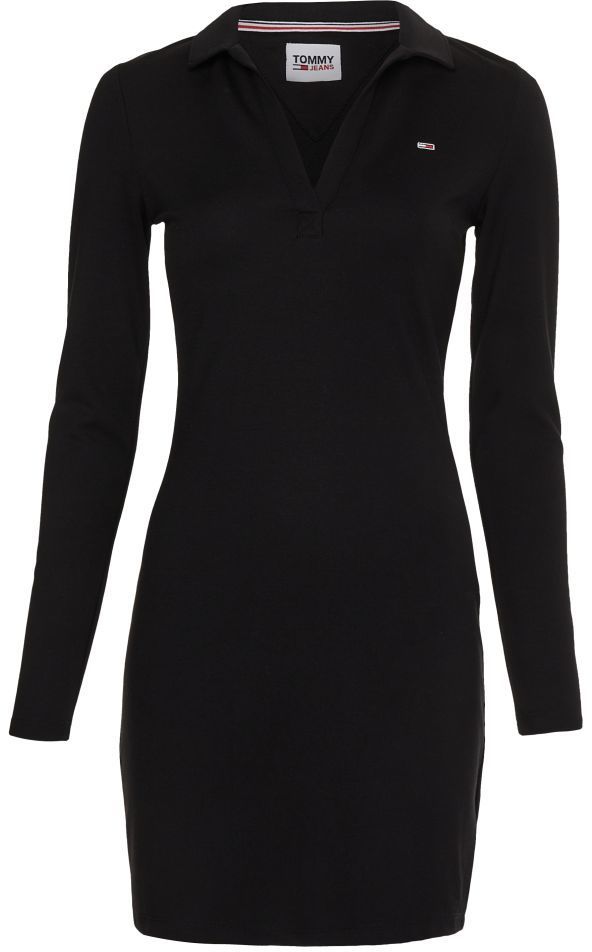 Tommy Jeans Šaty - TJW LS SLIM V-NECK POLO DRESS čierne