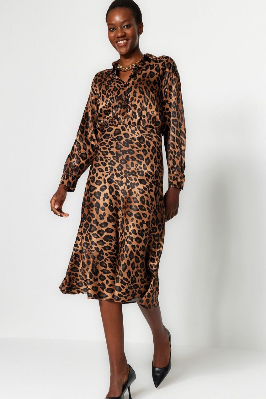 Trendyol Brown Premium High Quality Animal Print Satin Midi Skirt
