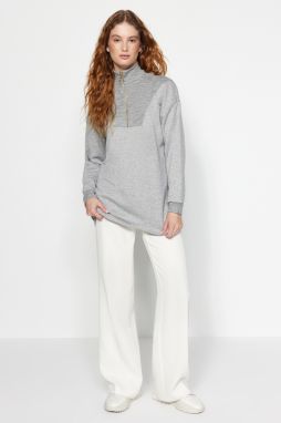 Trendyol Gray Melange Zippered Collar Detailed Knitted Sweatshirt