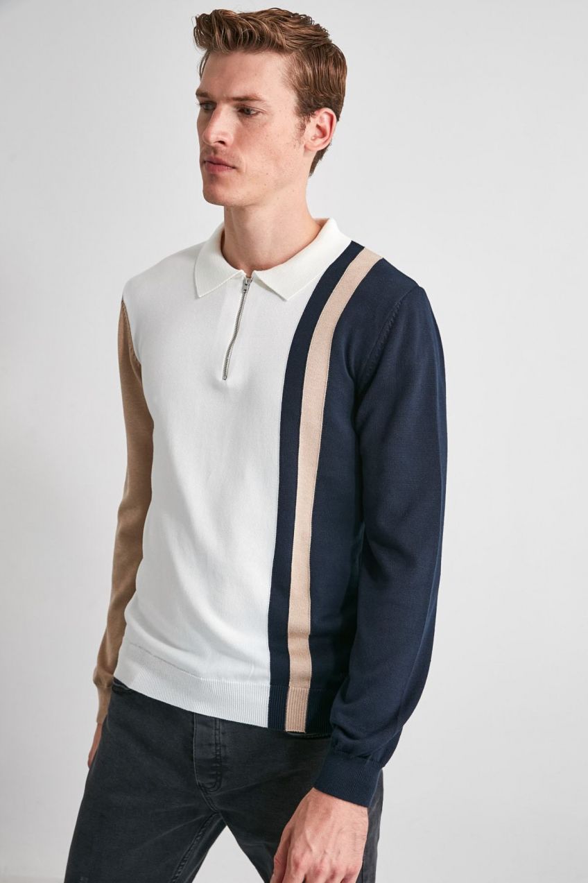 Trendyol Ecru Regular Polo Collar Color Block Knit Sweater