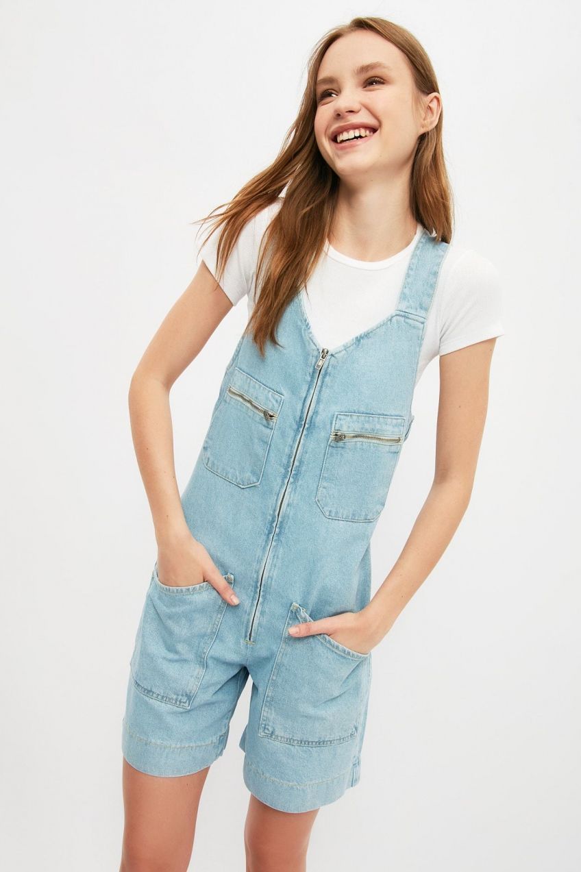 Trendyol Blue Pocket Detailed Zipper Denim Overalls