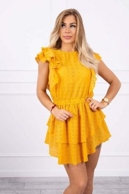 Embroidered dress with ruffles, mustard