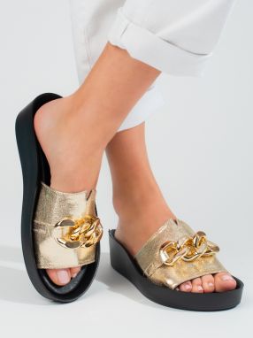 Comfortable Shelovet gold women's slippers with chain