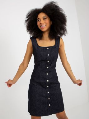 Lady's dark blue denim dress on hangers