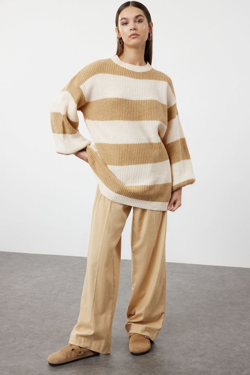 Trendyol Mink Soft Textured Thessaloniki Knitted Knitwear Striped Sweater