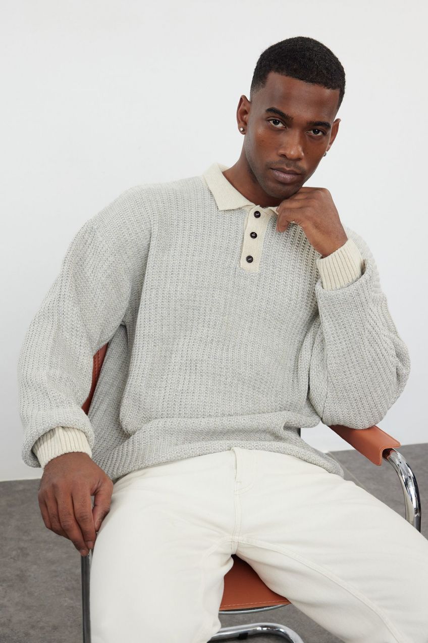 Trendyol Stone Regular Polo Neck Textured Knitwear Sweater