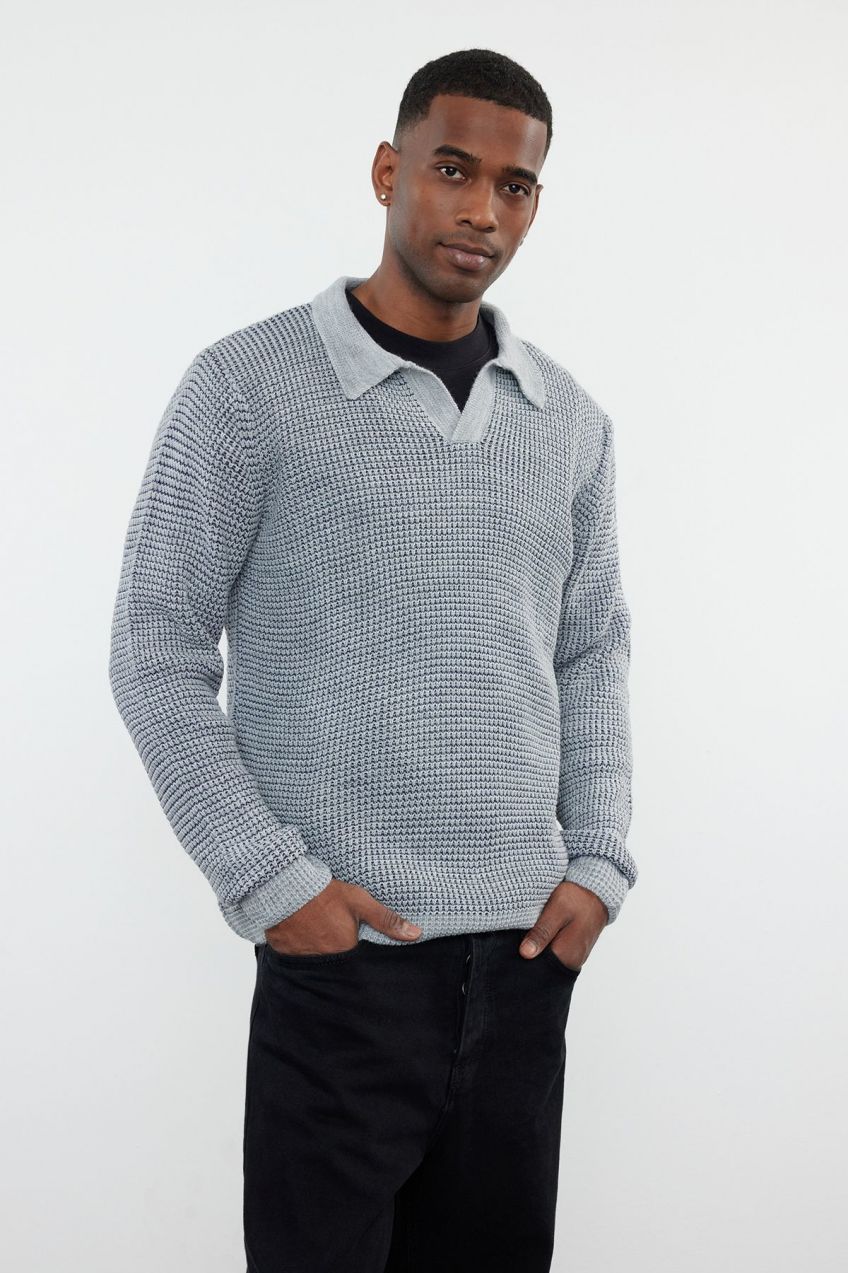 Trendyol Gray Regular Polo Neck Textured Knitwear Sweater