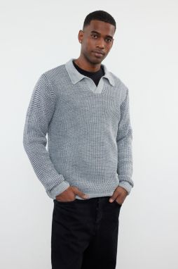 Trendyol Gray Regular Polo Neck Textured Knitwear Sweater