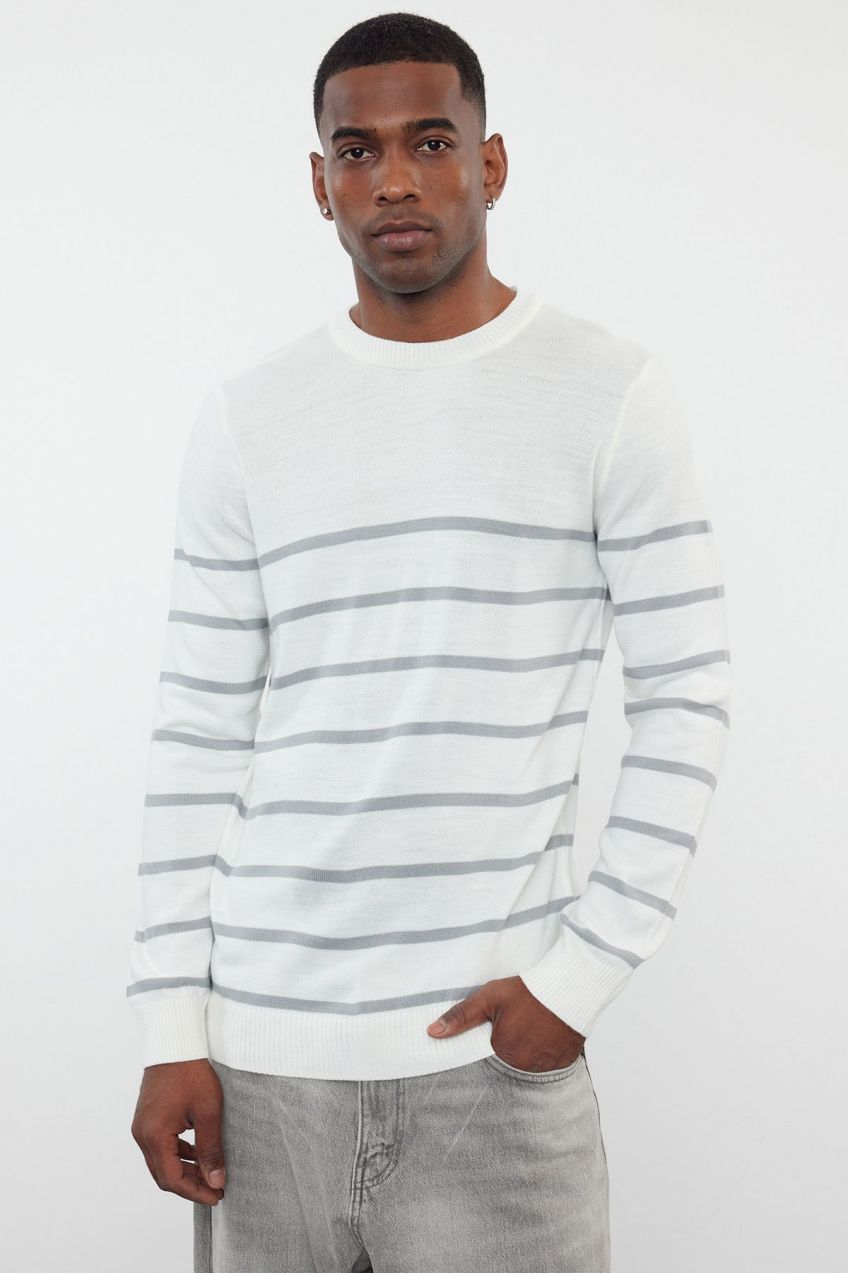 Trendyol Gray Slim Crew Neck Striped Knitwear Sweater