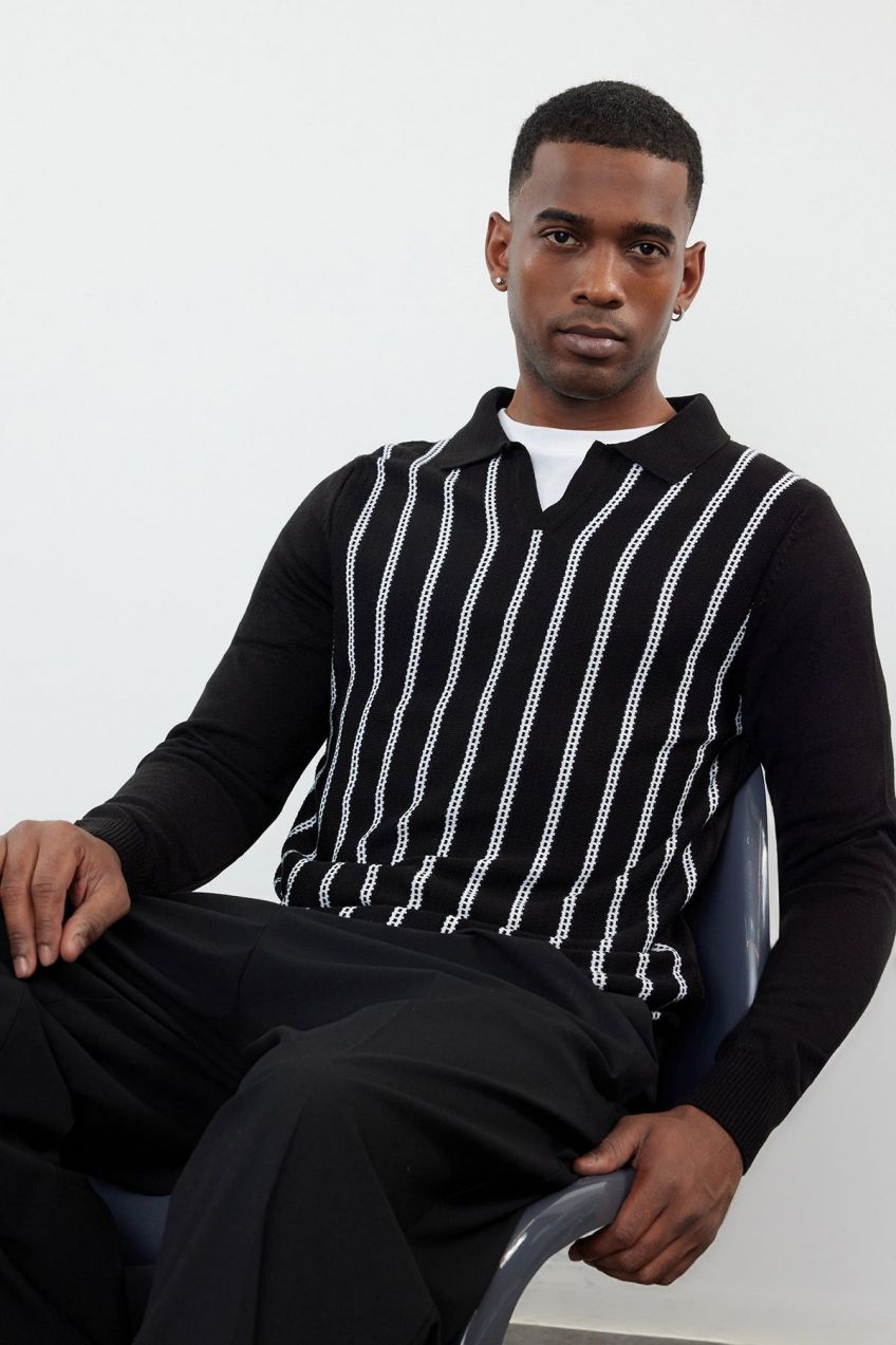 Trendyol Black Slim Crew Neck Striped Knitwear Sweater
