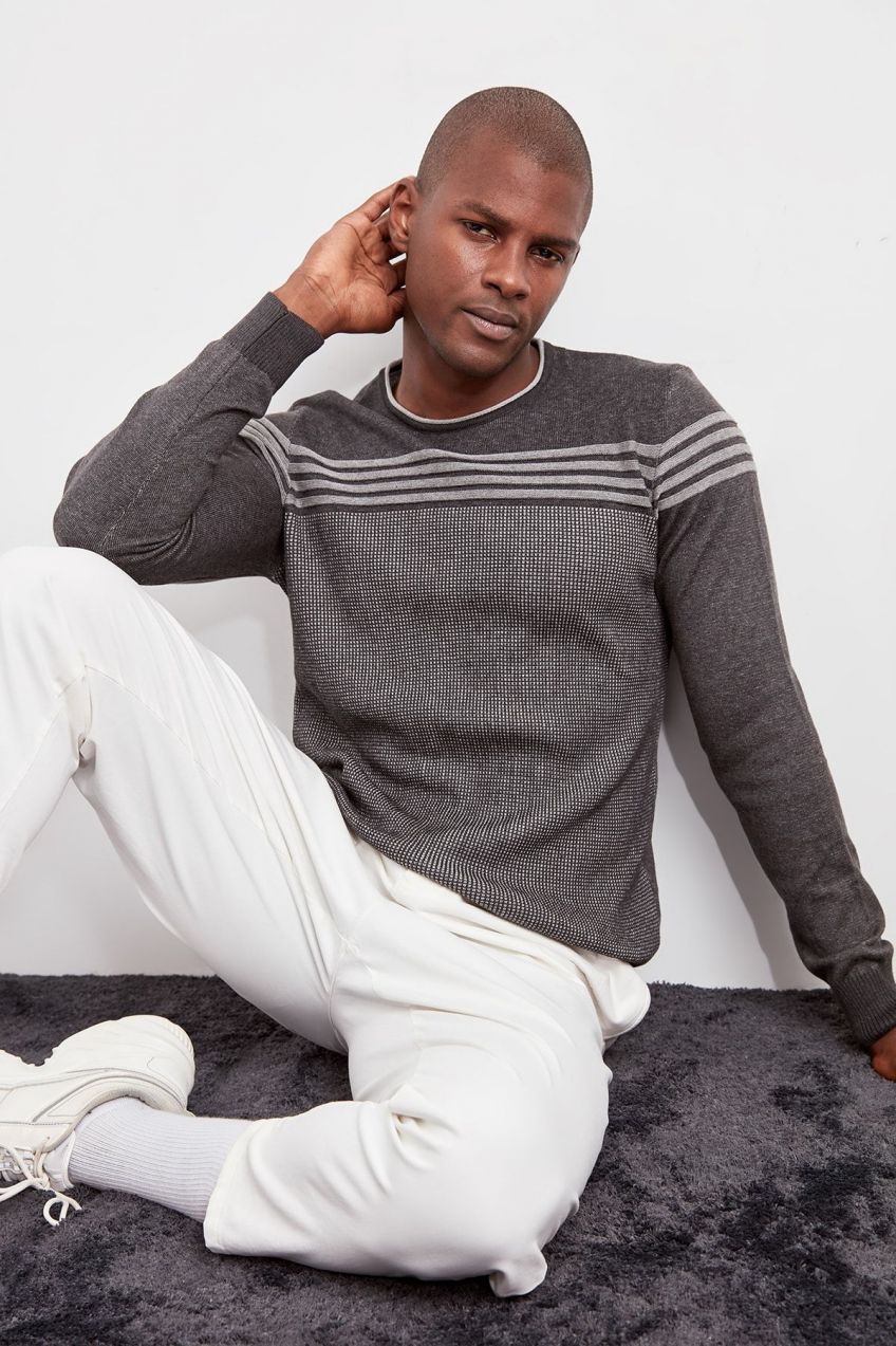 Trendyol Anthracite Slim Crewneck Striped Knitwear Sweater