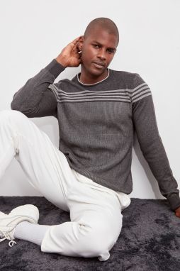 Trendyol Anthracite Slim Crewneck Striped Knitwear Sweater