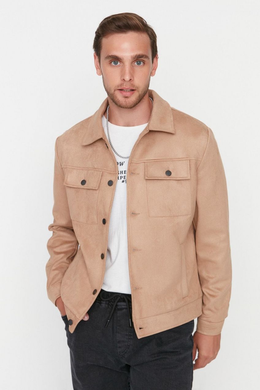 Trendyol Camel Regular Fit Pocket Buttoned Winter Suede Jacket Coat