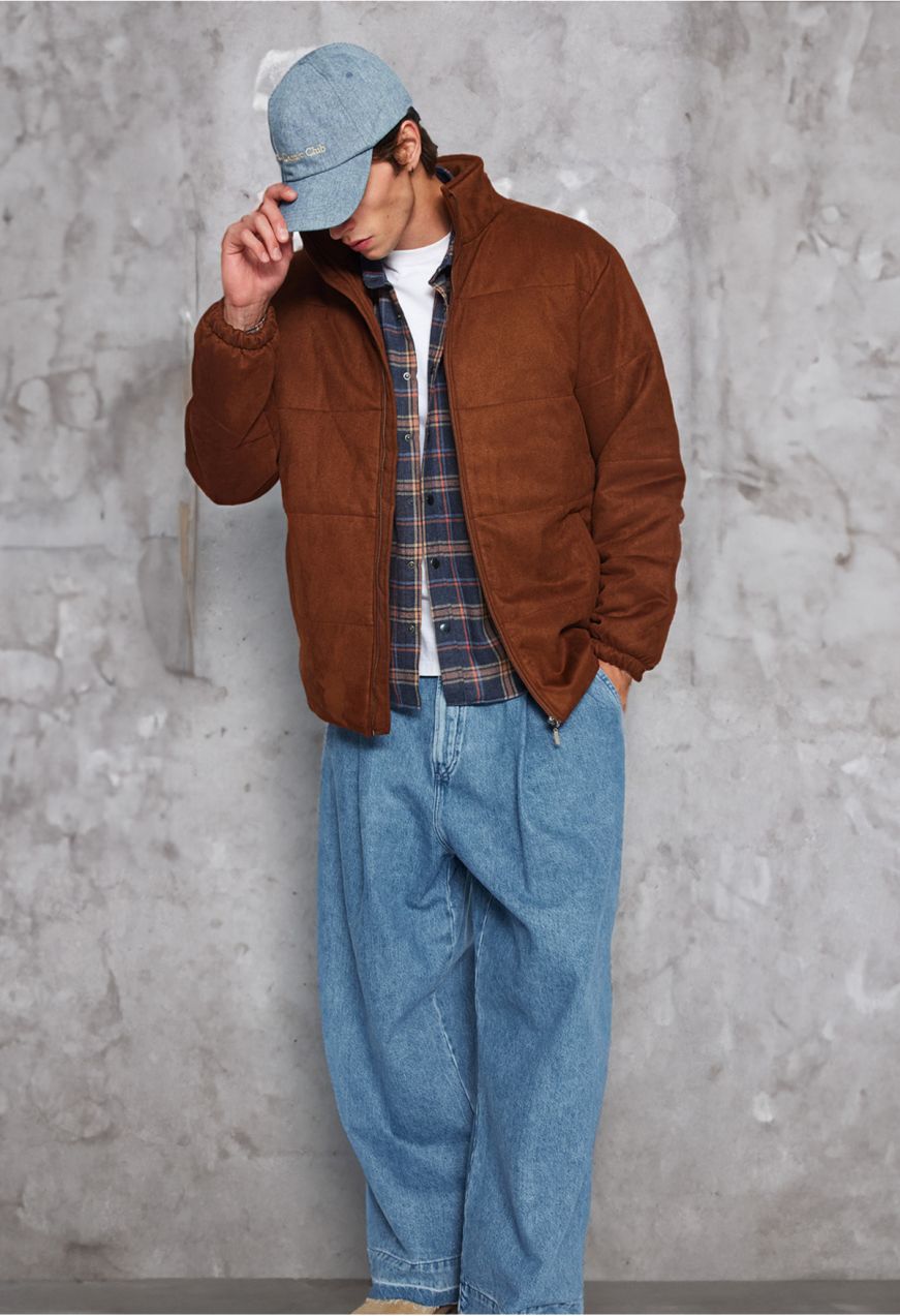 Trendyol Brown Regular Fit Suede Stand Collar Lightly Filled Jacket Coat